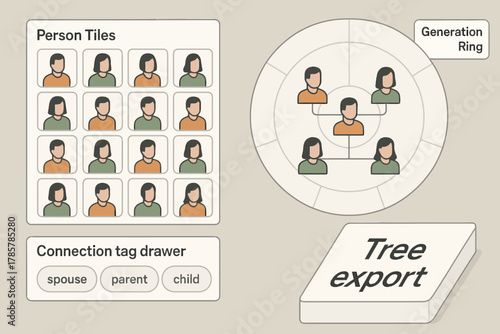 Genealogy interface design with person tiles and generation ring for family tree export