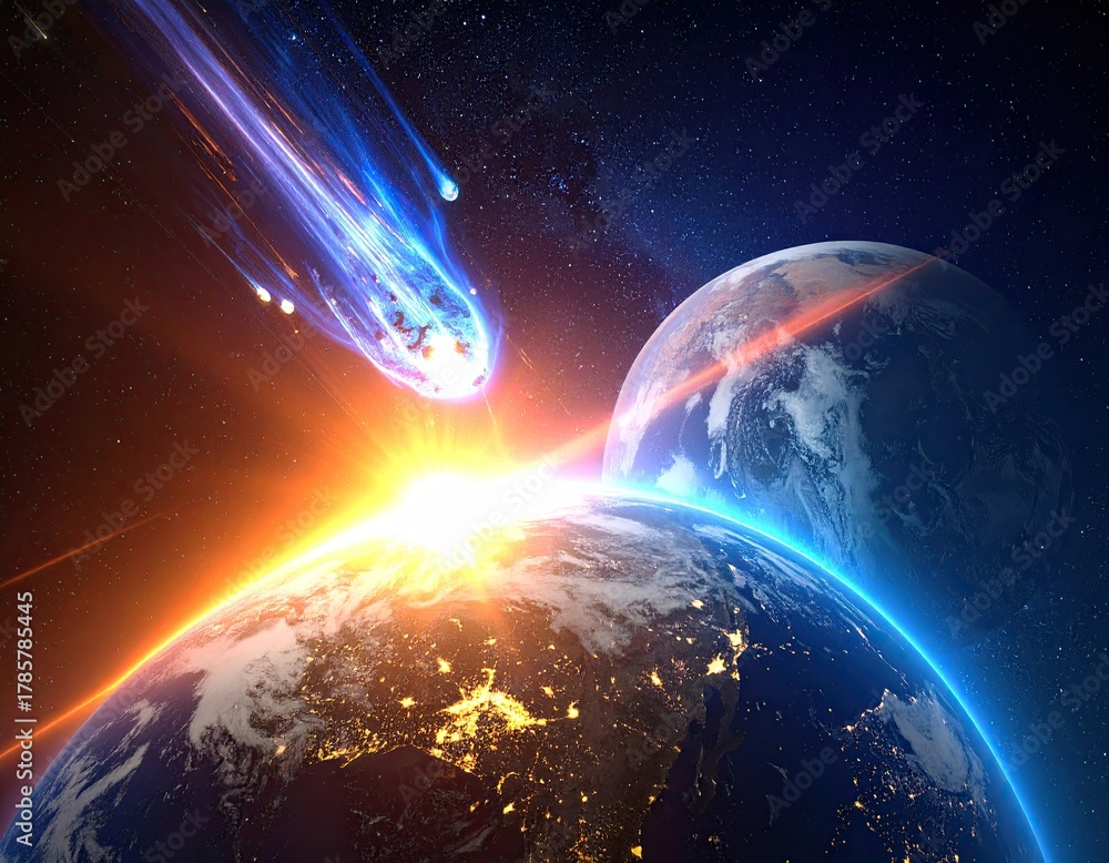 Obraz premium Meteor hurtles towards two Earth-like planets in space