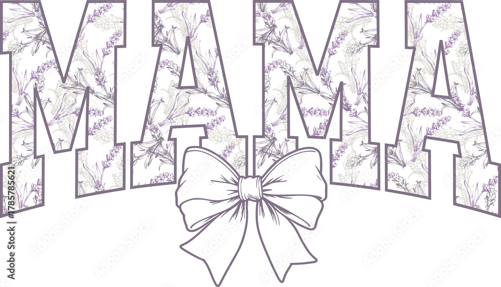 Naklejka premium Lavender coquette mama png, sublimation design, dtf dtg transfer, mug t shirt print, flowers leaves botanical, vintage sketch, floral ribbon bow