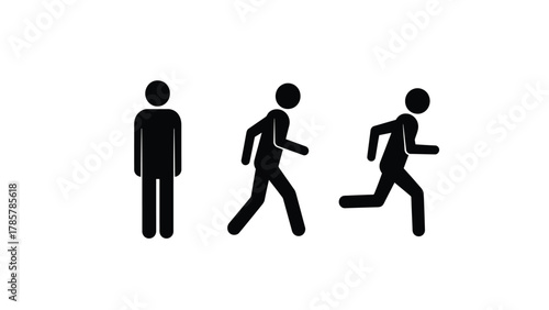 Human Action Pictogram Set: Standing, Walking, and Running Stick Figures. Vector illustration of gait stages and movement
