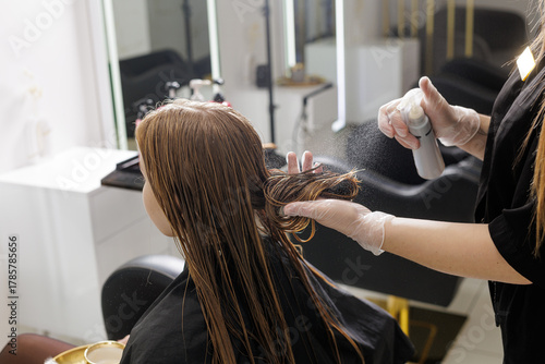 Tableau sur toile Stylist spraying leave in hair serum with vitamins for moisturizing care in salo