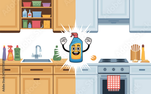 Household Cleaning Spray Bottle Mascot in Before and After Kitchen Scene