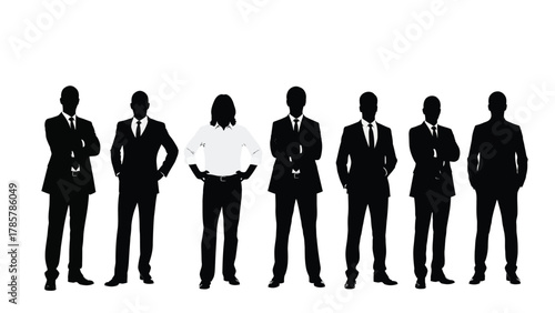 Diverse Business Team Silhouettes Vector Illustration. Professional group of men and one individual standing out in corporate attire on white background.