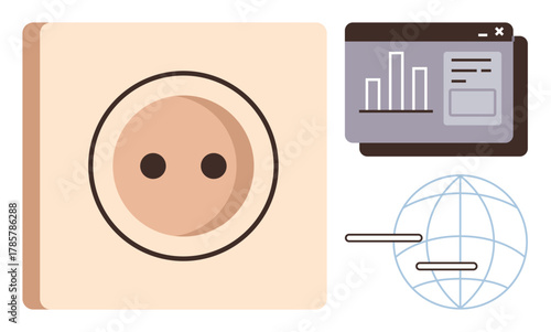 European power socket, global connection globe, and data chart on a screen. Ideal for energy, analytics, global communication, connectivity, power systems dashboards and data insights. Simple flat