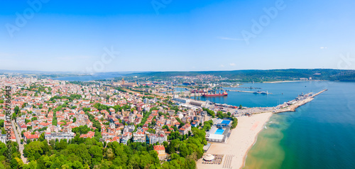 Varna city beach, seaside park aerial panoramic view, Bulgaria