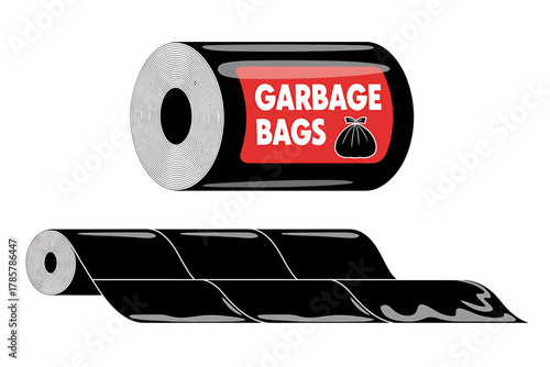 Roll of black plastic garbage bags with label for waste disposal