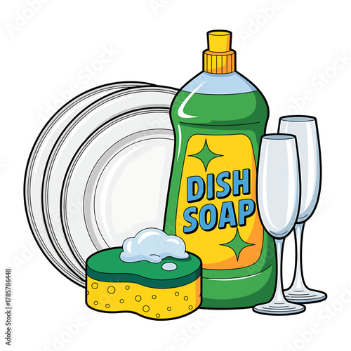Stack of clean plates, dish soap bottle, sponge, and glasses