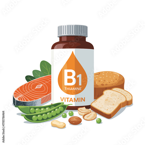 Vitamin b1 thiamine bottle with natural food sources concept