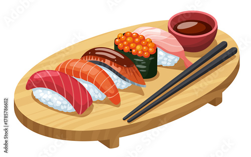 Variety of traditional japanese sushi nigiri and maki on plate