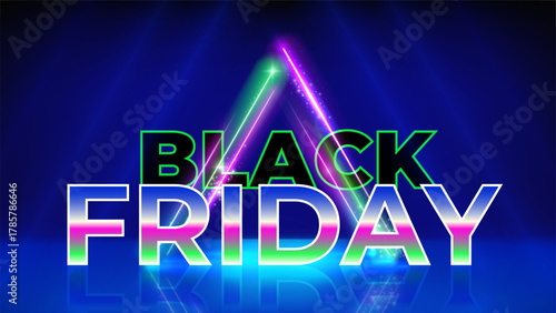 Black friday neon offer poster. Special offer sale. Neon triangular frame. Stage blue background. Black friday concept, advertising. Sale, promotion banner. Vector illustration