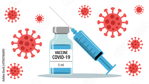 Covid-19 vaccine vial and syringe with floating coronavirus cells