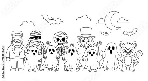 Classic Halloween Monsters Group Outline Illustration