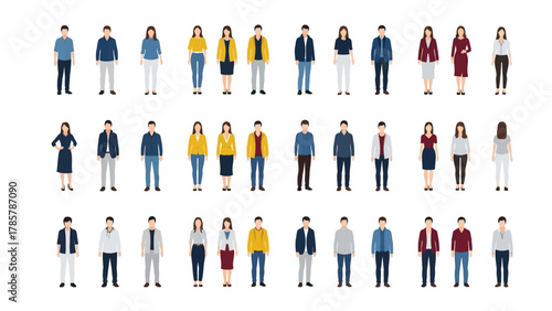 Diverse group of people in flat design style. Vector collection of standing men and women avatars in various casual and business clothing.