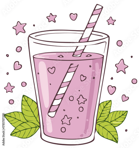 Pink strawberry milkshake with striped straw and mint leaves decorated with hearts and stars
