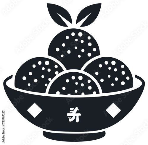 Bowl of Tangyuan with Leaves Symbolizing Celebration and Good Fortune Vector Icon