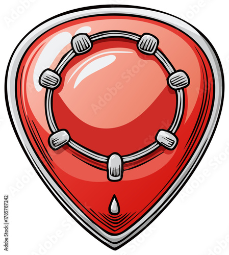 Vibrant red guitar pick illustration with abstract circular pattern and droplet