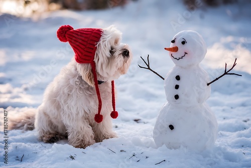 Adorable white dog wearing a red knit hat smiles towards a cheerful snowman on a snow-covered winter day.