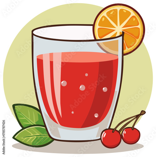 Cartoon illustration of a glass of fresh red fruit juice with an orange slice and cherries