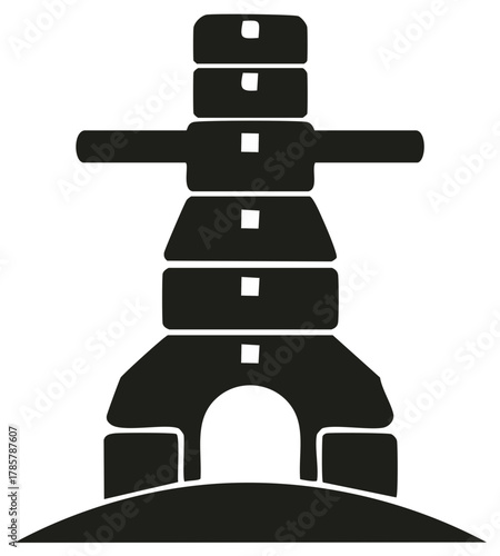 Black and white graphic illustration of an Inuksuk, a stone landmark symbol