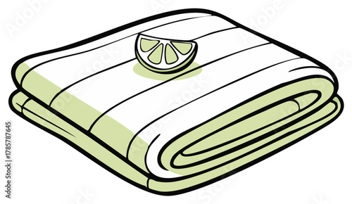 Folded beach towel with lime slice, cartoon style illustration, fresh design, wellness spa day, vector graphic