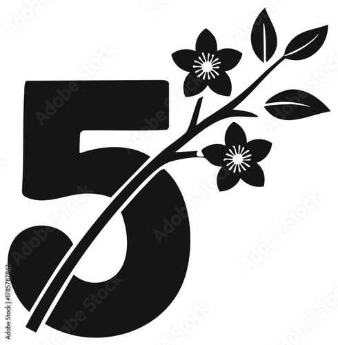 Black and white graphic number five with stylized floral branch flowers and leaves