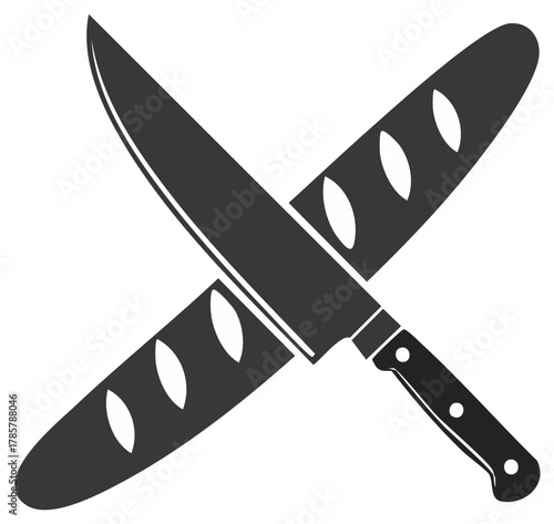 Stylized crossed chef knife and French baguette bread icon for bakery or restaurant