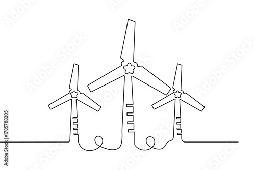 Minimalist wind turbine one line art renewable power concept vector illustration
