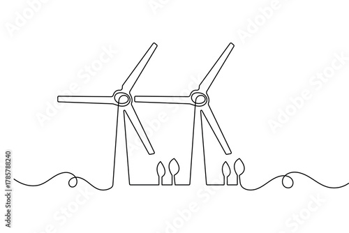 Minimalist wind turbine one line art renewable power concept vector illustration
