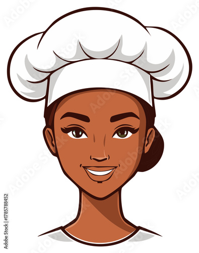 Female chef illustration dark skin woman wearing chef hat cooking profession