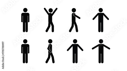 Stick Figure Human Silhouettes Icon Set in Different Poses, Vector Pictogram Collection
