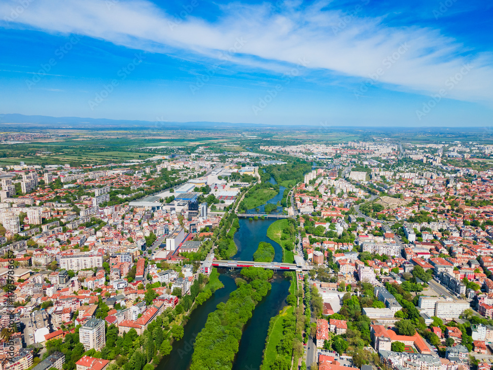 Fototapeta premium Plovdiv city centre aerial panoramic view in Bulgaria