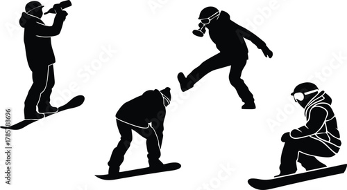 Dynamic snowboarders capturing thrilling winter sports action and mastering extreme mountain descents with energetic poses