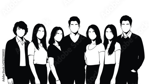 Black and White Vector Illustration of a Diverse Group of Professionals Standing Together