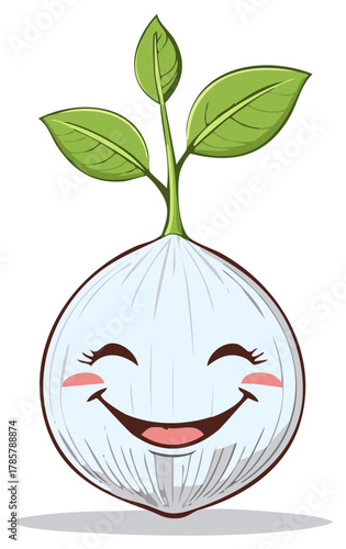 Happy cartoon sprout character with leaves smiling friendly and growing with glee