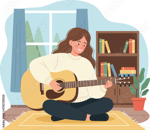 Young Woman Playing Electric Guitar Illustration in Pop Art Style