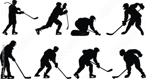 Dynamic hockey players in action silhouettes showcasing speed power and athletic prowess perfect for sports branding and design