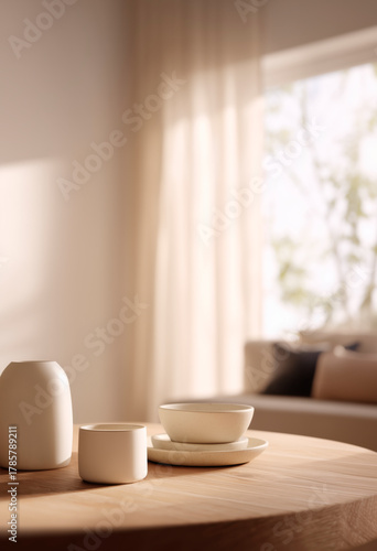 Wallpaper Mural Minimalist ceramic tableware on a wooden table in a cozy living room with natural light streaming in through curtained windows. Torontodigital.ca