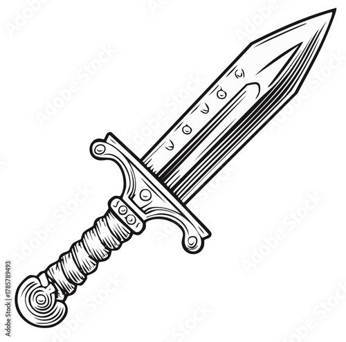 Detailed black and white line art illustration of a medieval fantasy sword with ornate hilt