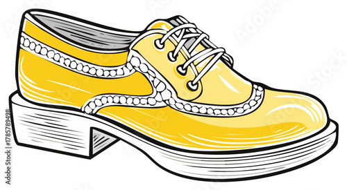 Stylish yellow retro platform shoe with block heel and beaded trim vector illustration