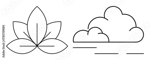 Black-and-white line art features a lotus flower and clouds, symbolizing balance, peace, and mindfulness. Ideal for wellness, meditation, relaxation, spirituality, nature minimalism simple flat