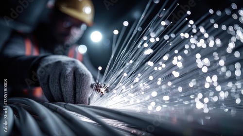 Technician meticulously working with glowing fiber optic cables for high-speed connection.