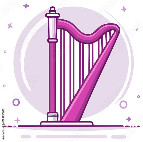 Pink Harp Musical Instrument Isolated, Classical Stringed Instrument Illustration, Orchestral Music