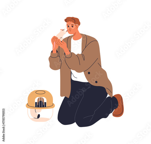 Man with cute hamster in hand. Funny person holding small rodent, pet animal, kissing. Happy owner with love and care to mouse, rat. Flat vector illustration isolated on white background