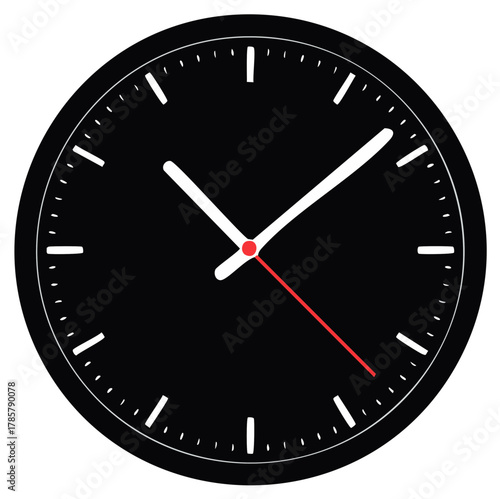 Minimalist black analog clock face with white hands and red second hand