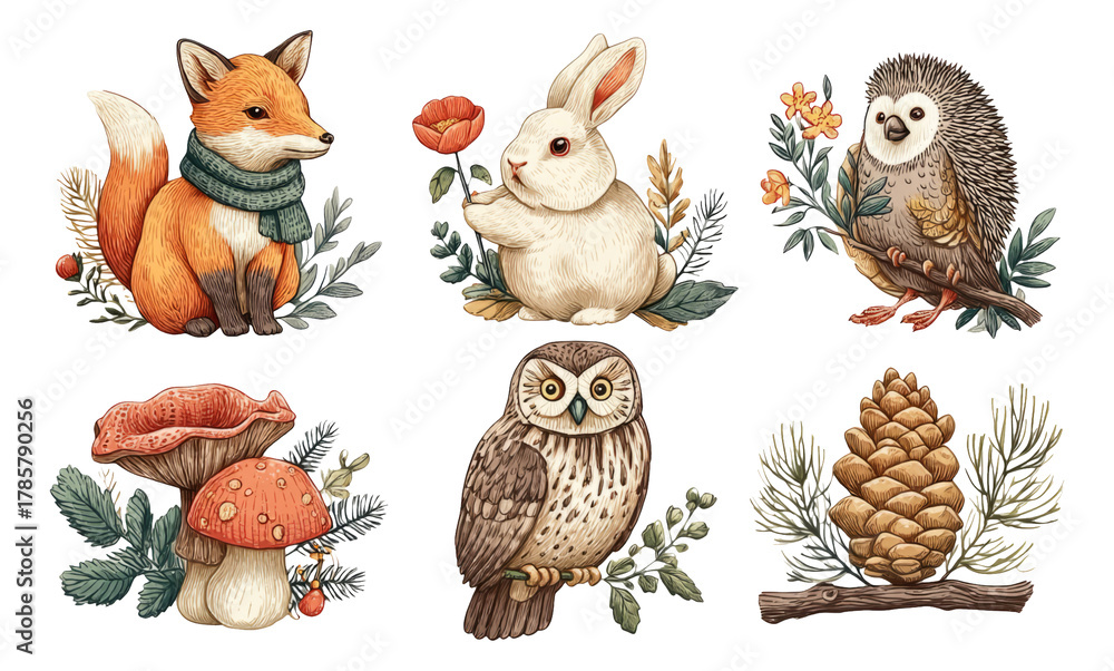 Fototapeta premium Charming Woodland Creatures with Flowers and Foliage for Nature Illustration
