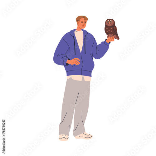 Man with owl pet in hand. Male ornithologist, handler, owlet keeper holding wild forest animal. Person showing perched bird sitting on arm. Flat vector illustration isolated on white background
