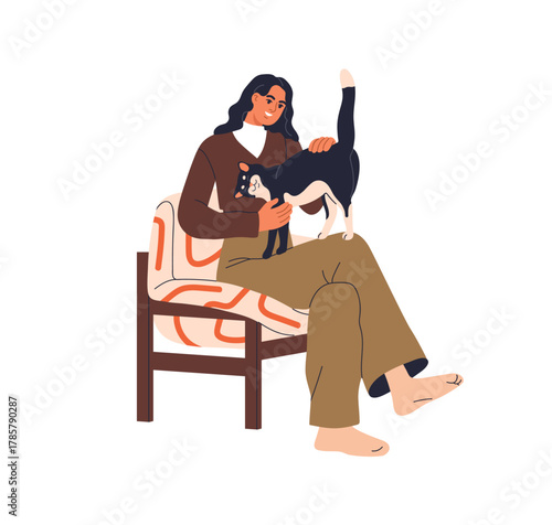 Happy woman, pet owner with cute cat on female knees. Girl sitting with feline animal, caressing, stroking purring rubbing kitty with hand. Flat vector illustration isolated on white background
