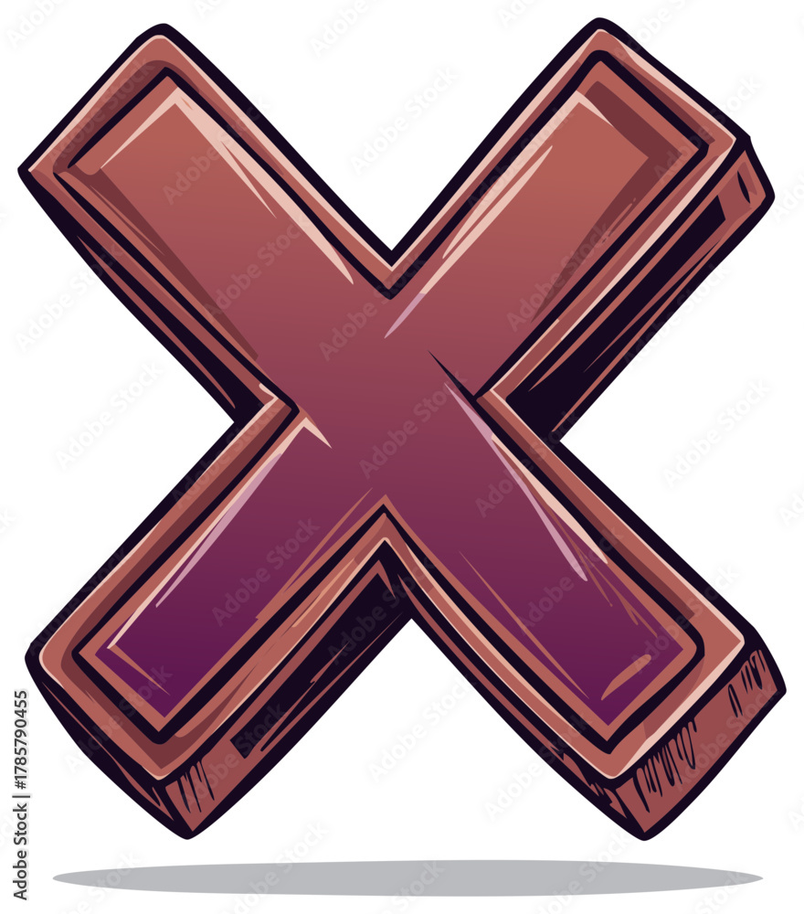 Obraz premium Stylized x letter in maroon color with bold outlines and shading effect