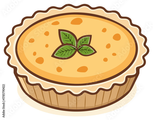 Cartoon Savory Tart or Quiche with Fluted Pastry Crust and Fresh Basil Leaves Garnish Top View