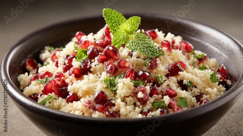 Wallpaper Mural A top-down modern bowl of couscous with pomegranate and herbs, neutral background Torontodigital.ca